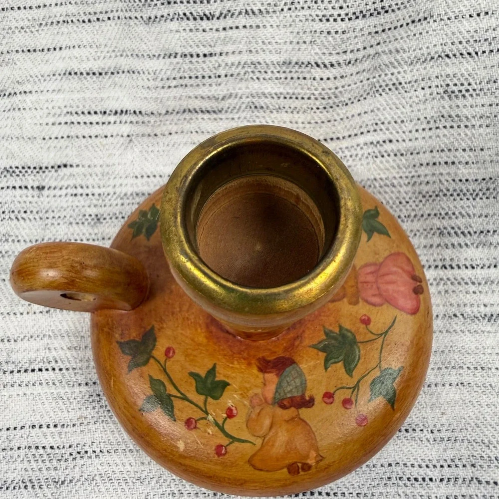 Vintage Hand Painted Folk Art Wooden Candlestick Holder 1960s Signed Cottagecore